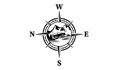 Compass in the Mountains and Car Mountain Vector and Clip Art