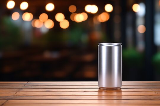 Vertical soda can mockup on the wood table with empty space. Beer tin mockup generated by AI