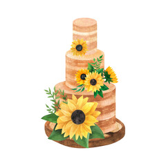 Classic layered cake with sunflowers arrangements, wedding romantic clipart