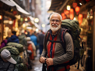 A Photo of a Senior Solo Traveler with a Backpack in a Busy Marketplace