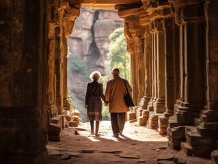 A Photo of an Elderly Couple Exploring an Ancient Temple