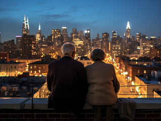 A Photo of an Elderly Couple Gazing at City Lights from a Rooftop