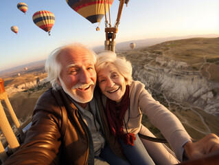 A Photo of an Elderly Couple in a Hot Air Balloon over Cappadocia