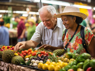 A Photo of Elderly Travelers Tasting Exotic Fruits in a Tropical Market