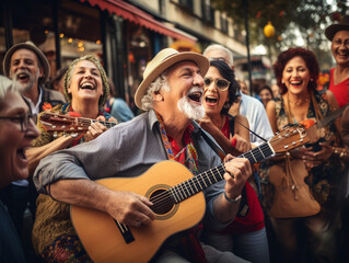 A Photo of Elderly Travelers Singing Along with Street Musicians