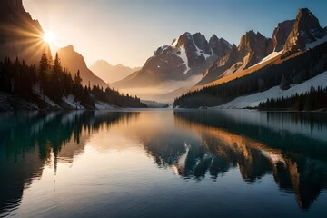 sunrise and lake  in the mountains