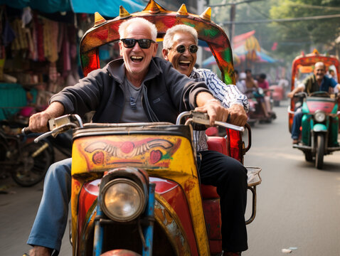 A Photo of Seniors Enjoying a Rickshaw Ride in Asia