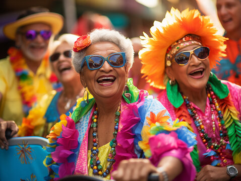 A Photo of Seniors Joining a Carnival Parade and Wearing Vibrant Costumes