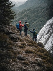 Fototapeta premium Hiker helping friend reach the mountain top