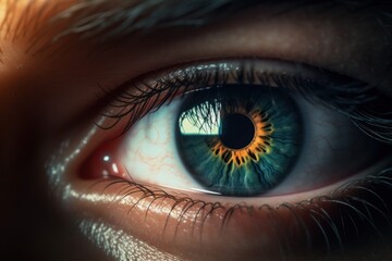 Fototapeta na wymiar Close up of a woman eye. Eyeball macro view, generated by AI