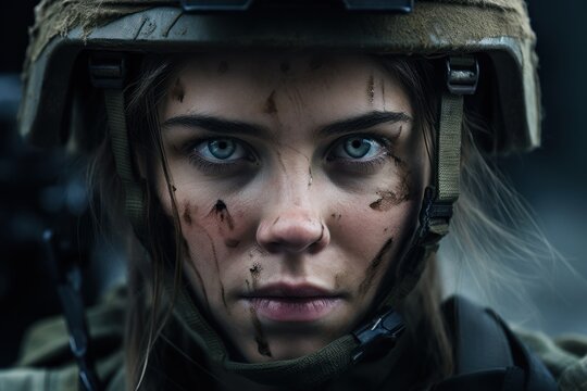 Portrait Of A Woman At War. Female Soldier Face Portrait, Close Up. Military News Banner Generated By AI