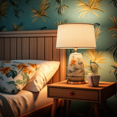 a retro table lamp next to a bed on the bedside table. square format.