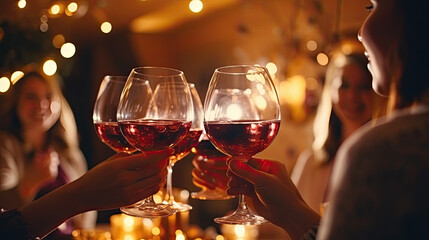 a group toasts with wine glasses. close up