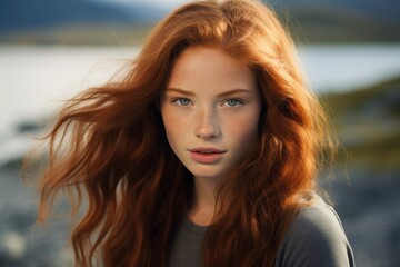 Fototapeta premium Portrait of a ginger girl, generated by AI
