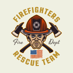 Firefighters vector emblem, logo, badge or label design illustration in colored style on light background
