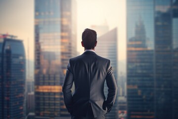 Fototapeta premium A businessman stands with his back in the office and looks at the skyscrapers. Realtor banner generated by AI