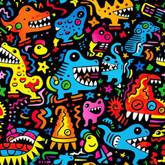 Dinosaur cartoon doodles funky repeat pattern