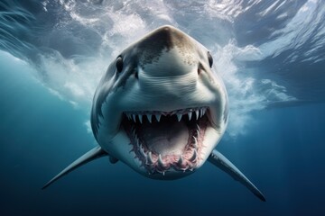 Great white shark attacks. Wild angry shark jaws generated by AI