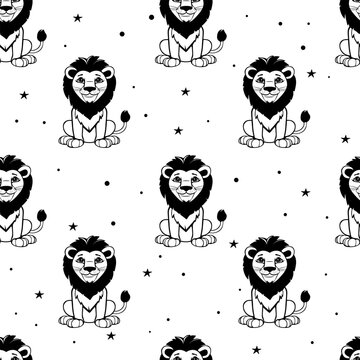 Seamless pattern of image cute lion. Outlined in black on a white background.