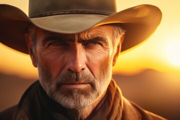 Portrait of old cowboy in hat, blurred sunset sky. Western style cinematic handsome guy, generated by AI