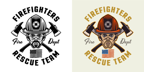 Firefighters vector emblem, logo, badge or label design illustration in two styles black on white and colored