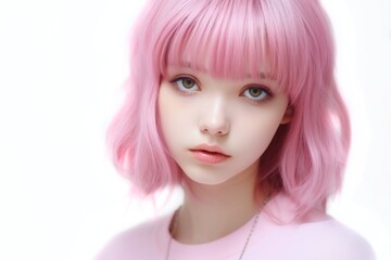 Naklejka premium Portrait of a cute girl with pink hair, isolated on white background. Generated by AI