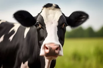 Schilderijen op glas Beautiful holstein cow face portrait, blurred green meadow background. Milk cow on farm, generative by AI © SD Danver