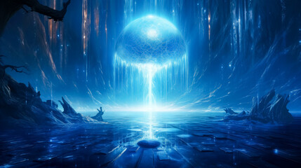 Fototapeta premium Fantasy Blue landscape. Waterfall on a dark background, blue light coming out of water, in the style of fantasy illustration, blue fantasy waterfall.