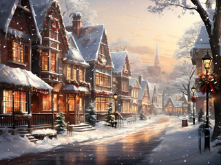 Winter Holiday Village: Charming Digital Oil Painting of a Small Rural Town During Christmas Time - obrazy, fototapety, plakaty