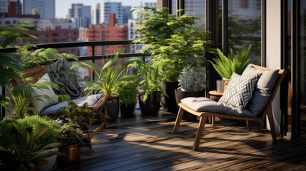 Obraz premium Small modern cute and cozy balcony with chair and some plants around. Generative AI