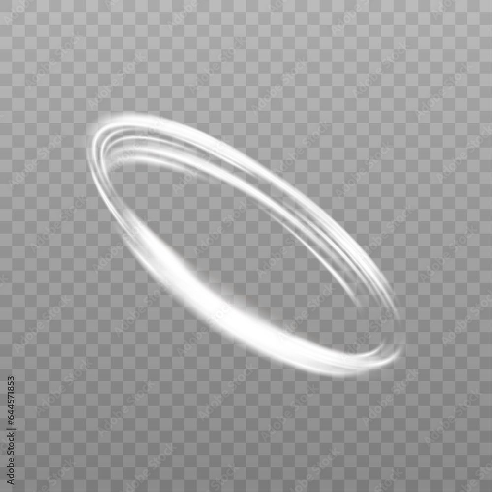 Poster Dynamic white lines with glow effect. Rotating shiny half rings. Abstract sparkling swirls, waves.	
