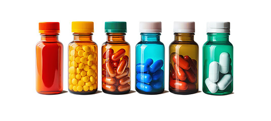 Set of tablets in glass bottles - capsules isolated on free PNG background. Pharmacy bottle pill medicine, drug concept.