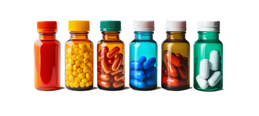 Set of tablets in glass bottles - capsules isolated on free PNG background. Pharmacy bottle pill medicine, drug concept.