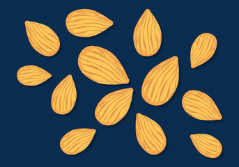 Set with delicious fresh Almond nuts organic food healthy food Falling in the air, isolated on a dark background. Food float concept Vector illustration. Easy fix.