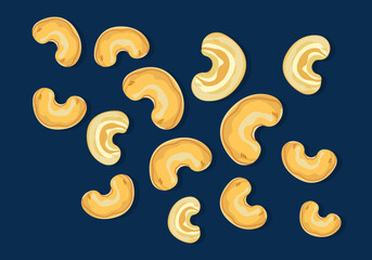 Set with delicious roasted cashews organic food healthy food Falling in the air, isolated on a dark background. Food float concept Vector illustration. Easy fix.