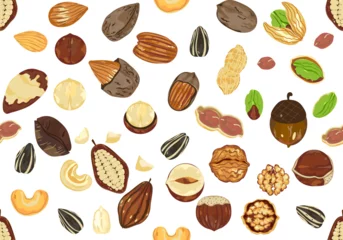 Fotobehang Seamless vector pattern with Nuts and seeds in a flat design in cartoon style cute design Modern bright colors for paper covers. interior fabrics, backgrounds, and other users. © Eero_iam