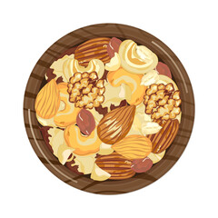 Mix organic nuts with almonds, pecans, brazil nuts, cashews, peanuts, macadamia, and sunflower seeds in a wooden bowl, a top view isolated on a white background. Icon vector illustration.