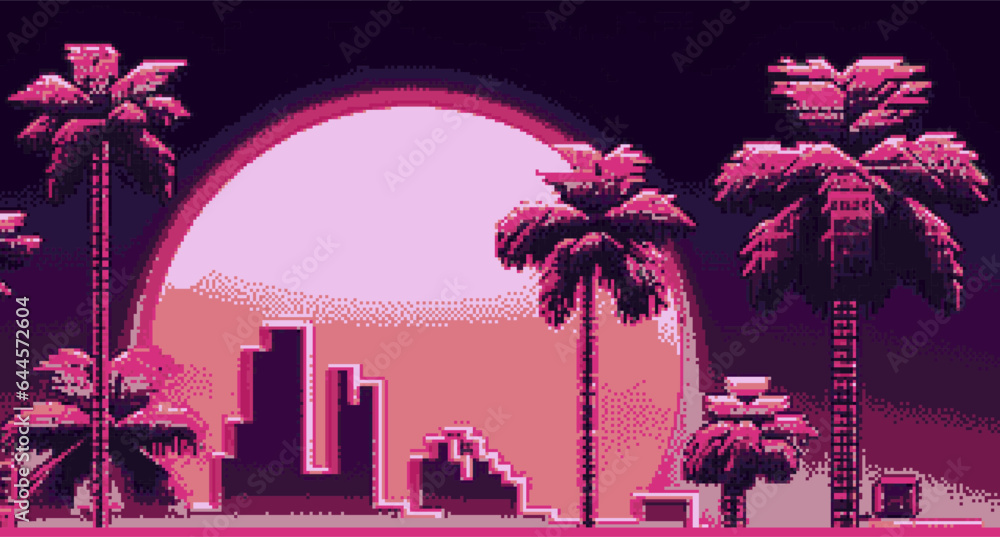 Poster retrofuturistic pixel art landscape with moon, palm trees and skyscrapers. vector 8-bit style illust