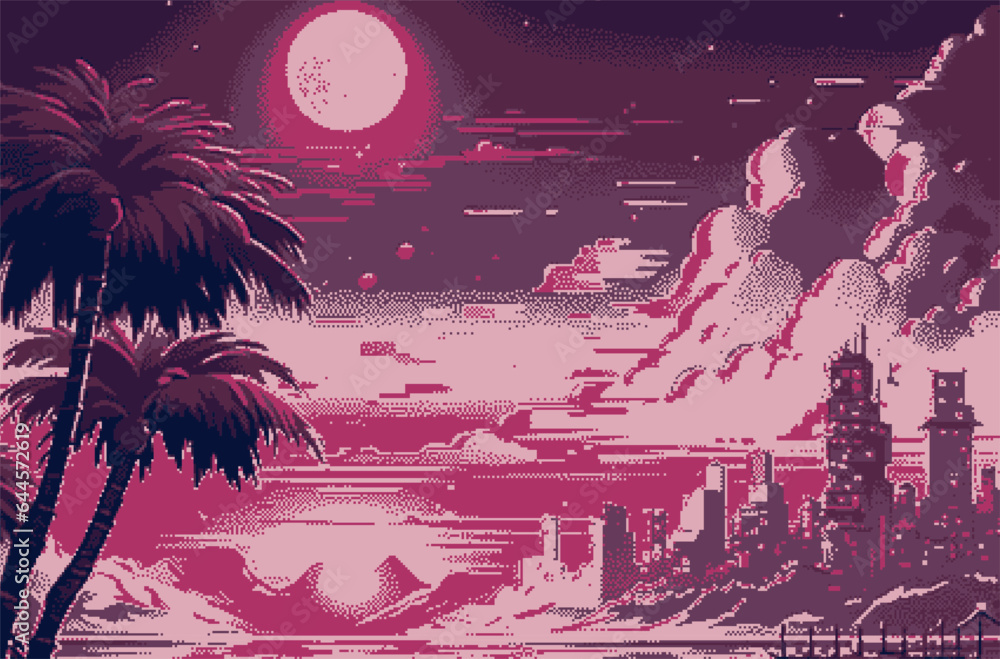 Poster retrofuturistic pixel art landscape with moon, palm trees and skyscrapers. vector 8-bit style illust
