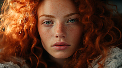 Naklejka premium a woman with freckles and a blue shirt