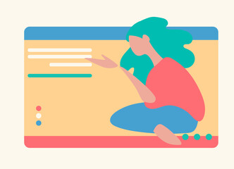 Young people in front of a computer screen. line illustrations, Flat style, isolated vector element, hand lettering