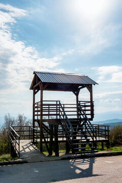 Wooden observation tower, watch post in the mountains with the distant view