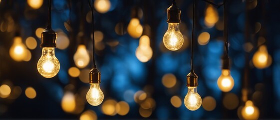 Light bulbs dangle and shine with golden light against a background of bokeh lamps, wallpaper