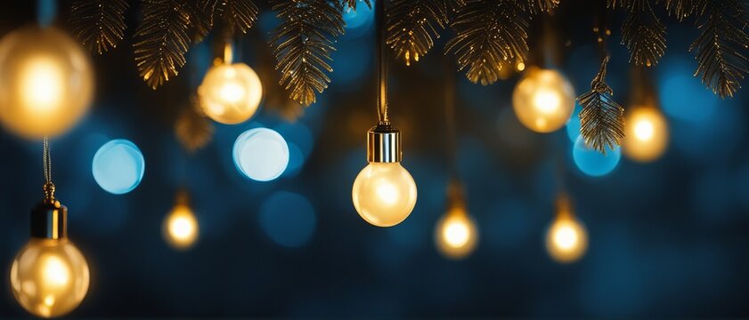 Bulbs dangle and shine with golden light against a background of bokeh lamps and branches of a Christmas tree, wallpaper