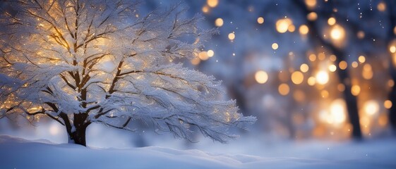 Snow-covered tree in snow, contrasting sunlight and bokeh, wallpaper