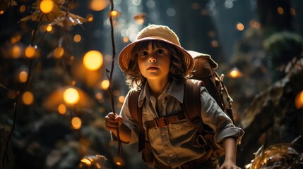 Adventurous girl exploration of the unknown in a deep rainforest. Generative AI