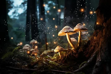 Gordijnen Mushrooms in the forest at night.Generative AI © Wanna