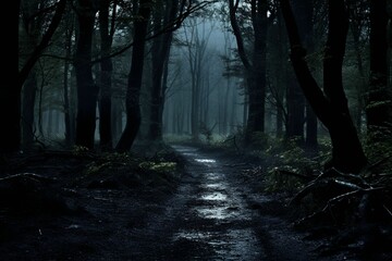 Dark forest at night in moon light.Generative AI