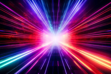Neon tunnel gradient background with red, pink and blue colors, poster, rustic futurism, light emerald and magenta, rainbow tunnel with neon lights.