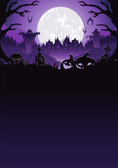 Halloween background with zombie hand and skeleton hand, cemetery for holiday poster. Mystical background with cross, grave, tombstone and dead man for dark fear october design